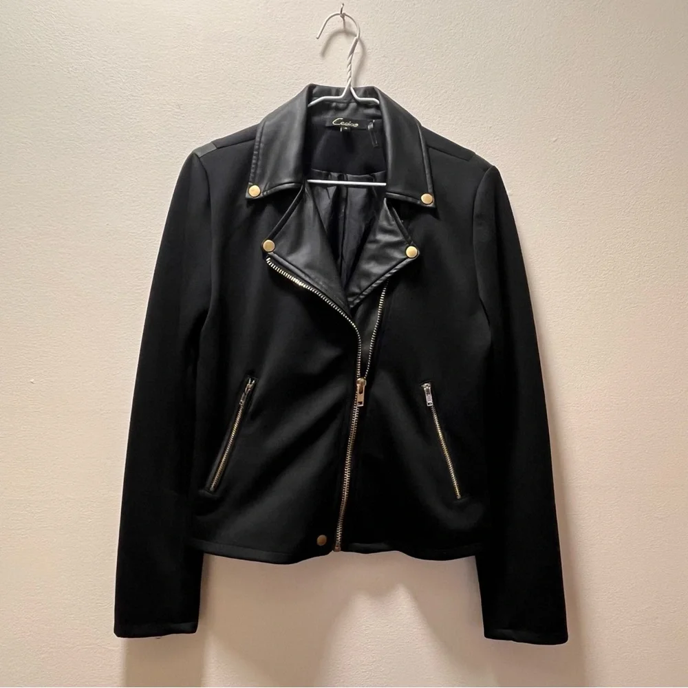 Cecico Edgy Chic Urban-Core Jacket, Sz Med, Black with Gold and Faux Fur Details - Picture 3 of 6